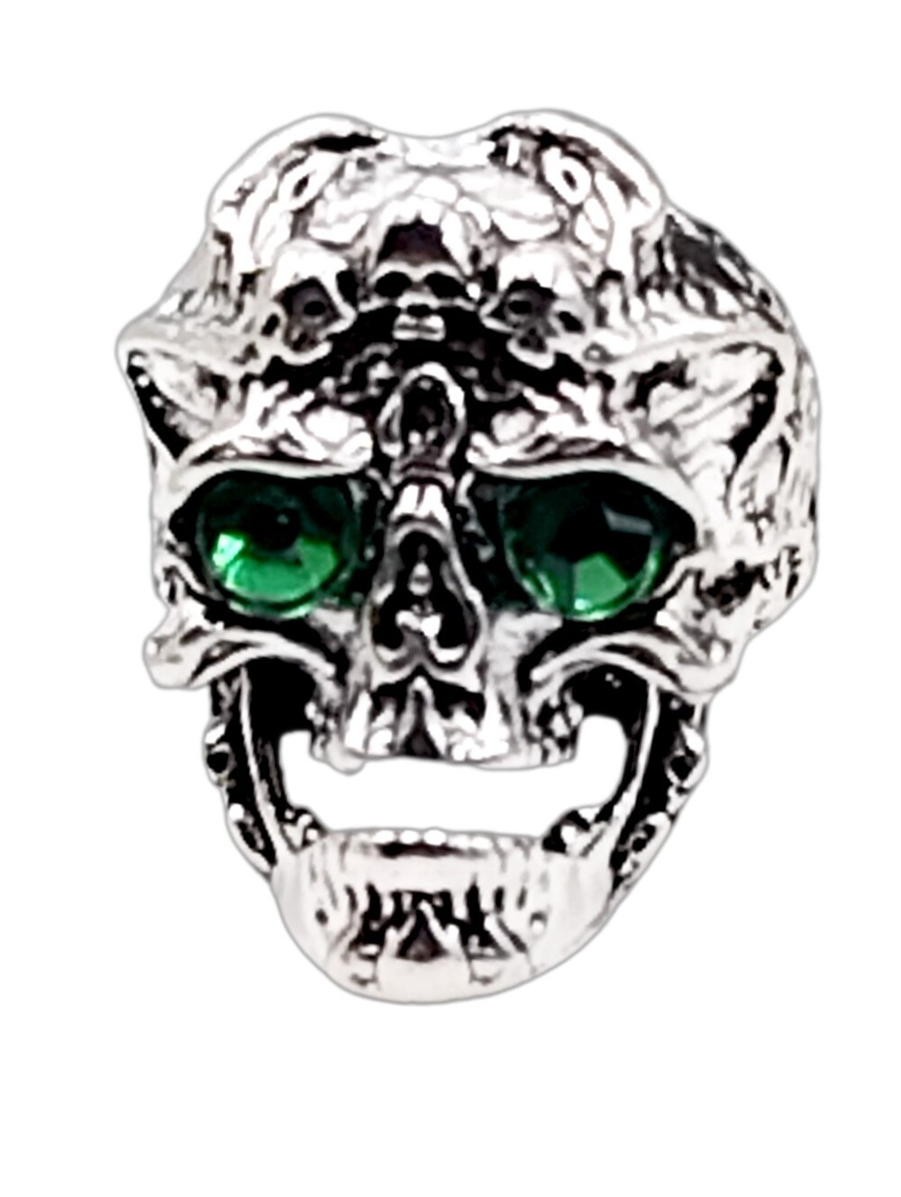 Adjustable Silver Skull Ring with Emerald Green Gem Eyes. NWOT